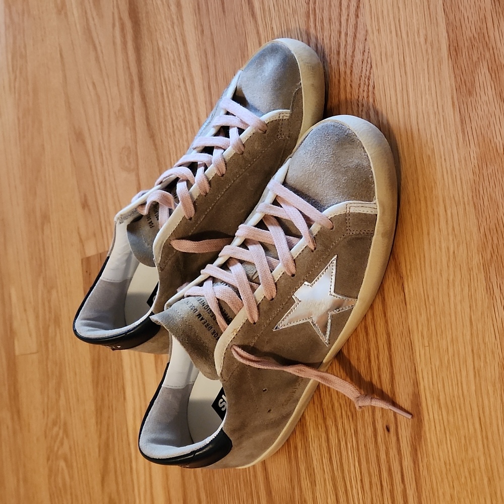 Golden Goose Super Star Taupe Suede, Pink Laces, Silver Star, Size 10B, or 40
